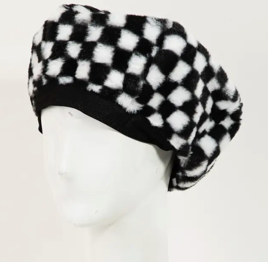 Faux Fur Checkered Beret